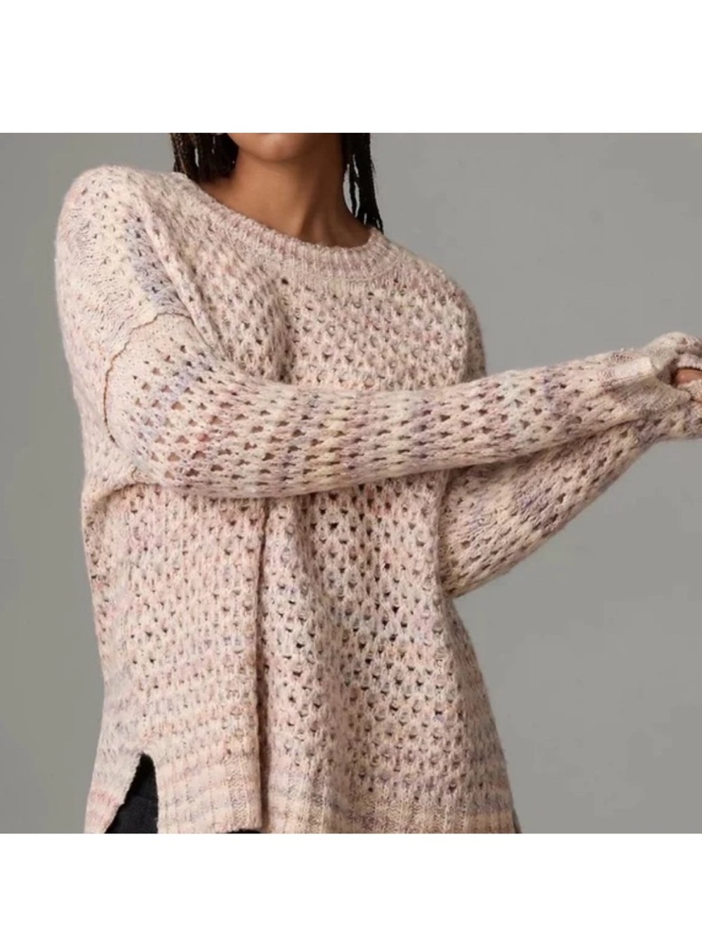 Anthropologie Speckled Blush Open-Knit Crew Sweater